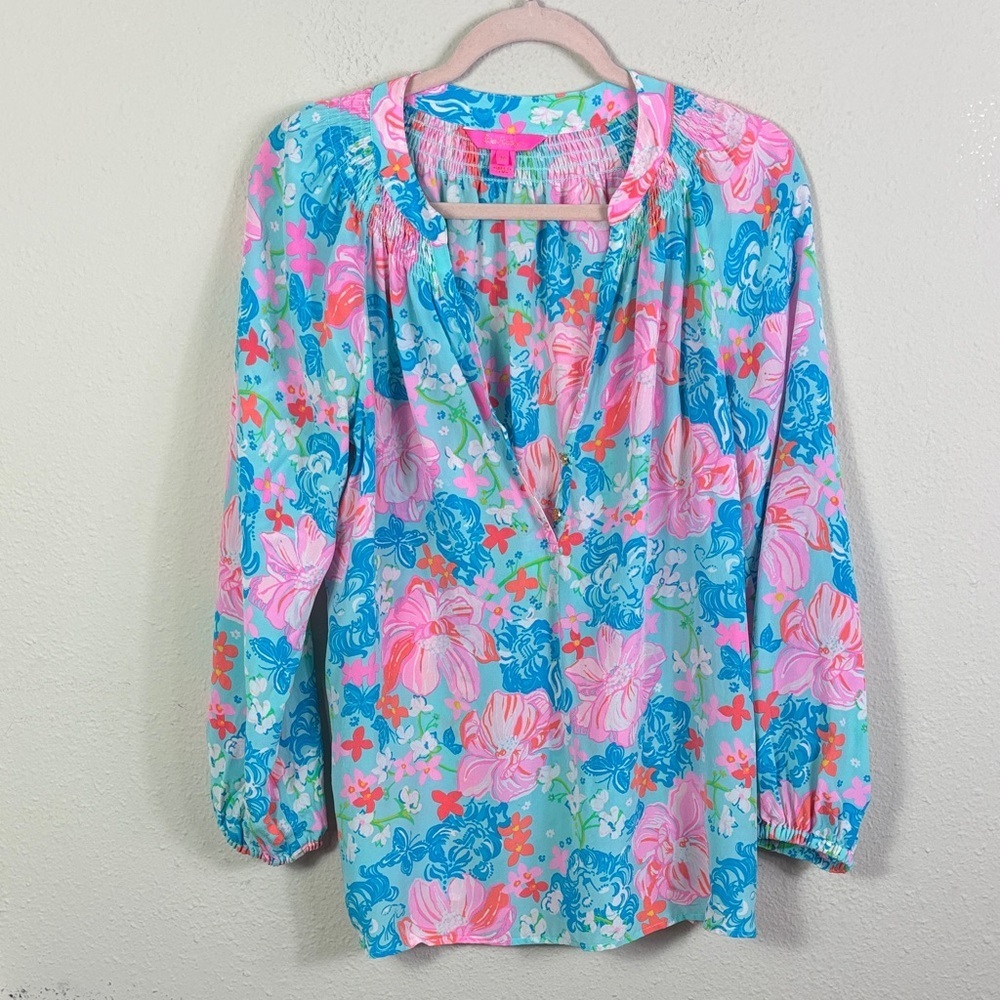 Lilly Pulitzer Elsa 100% Silk Top Blouse in Luscious Lions Surf Blue sz M - Picture 3 of 15